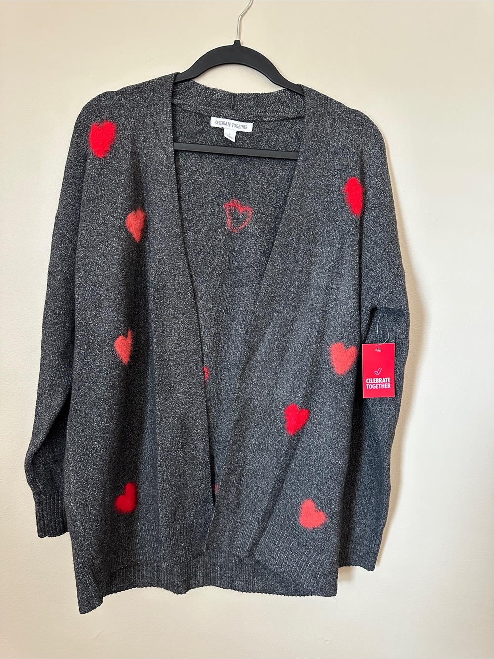 Celebrate Together Charcoal Gray Open Cardigan with Red Heart- Valentines day